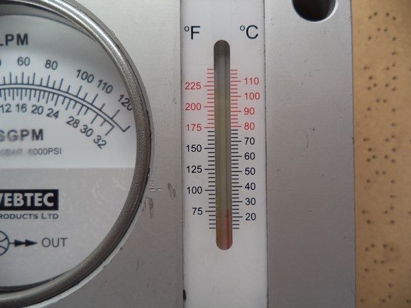 The temperature gauge goes up to 110°C (230°F)