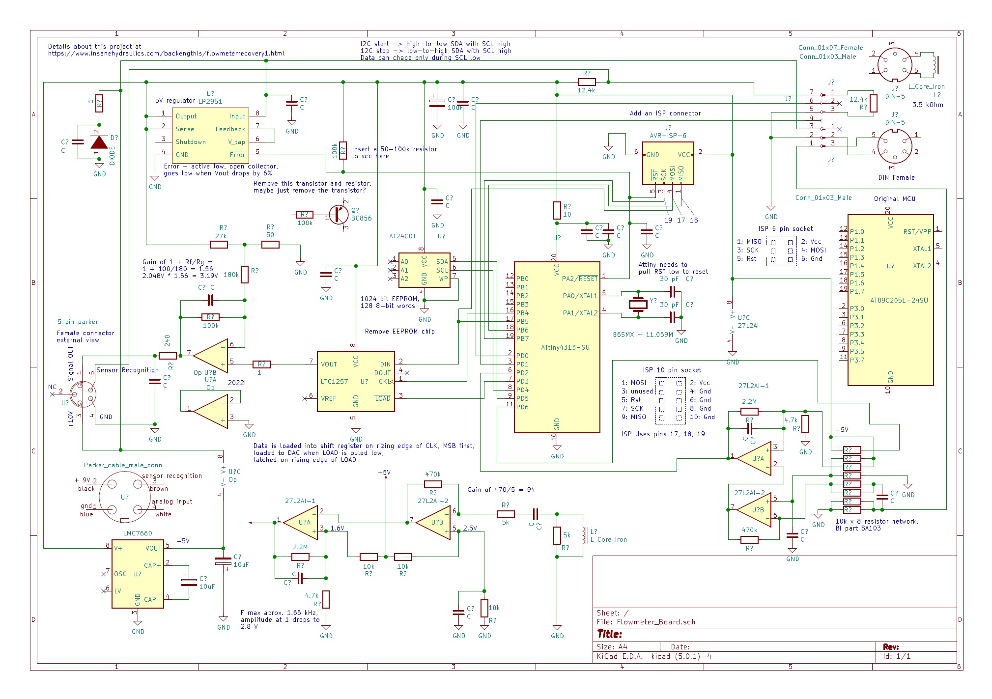 Flow-meter signal converter schematic with ATtiny4313 MCU