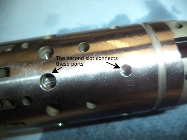The two parallel slots connect the work ports to the orbital section when the spool valve is centered